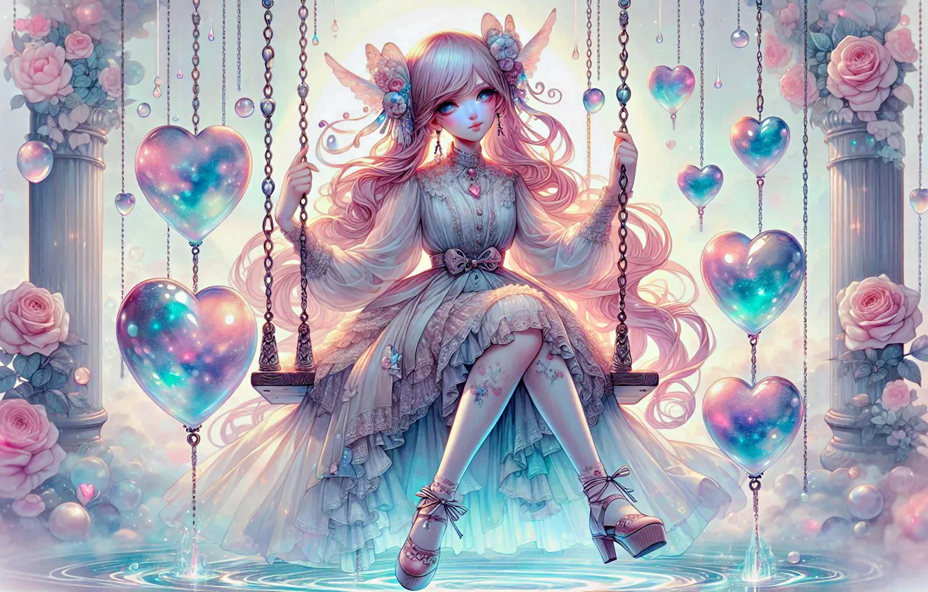 Photo wallpaper water, light, shoes, decoration, flowers, swing, roses, dress