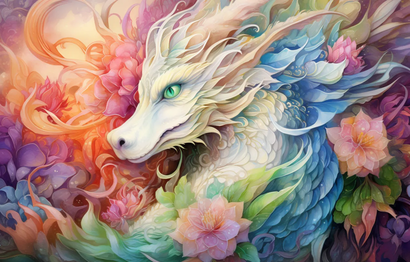 Photo wallpaper look, face, flowers, dragon, figure, graphics, portrait, ornament