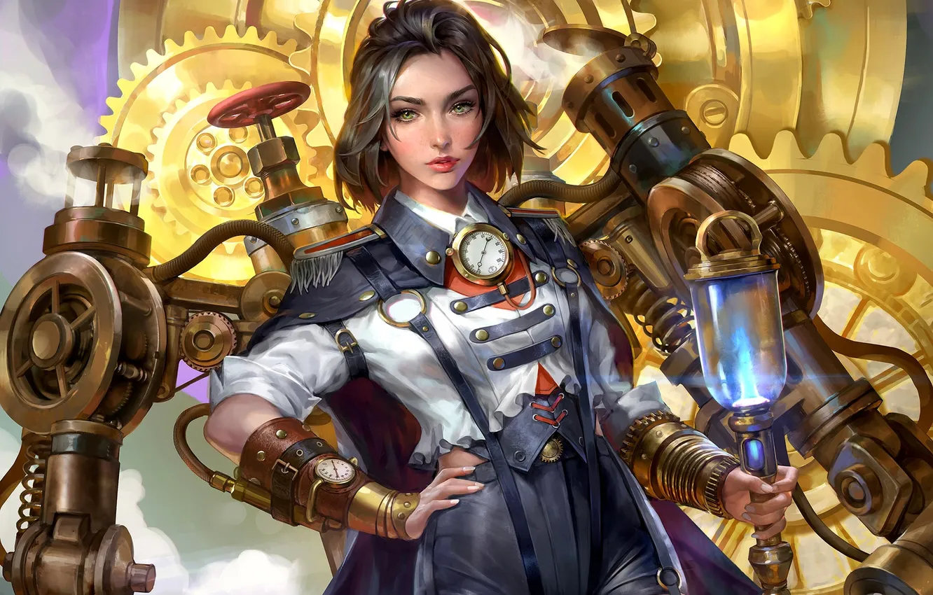 Photo wallpaper girl, fantasy, green eyes, steampunk, brunette, digital art, artwork, watch