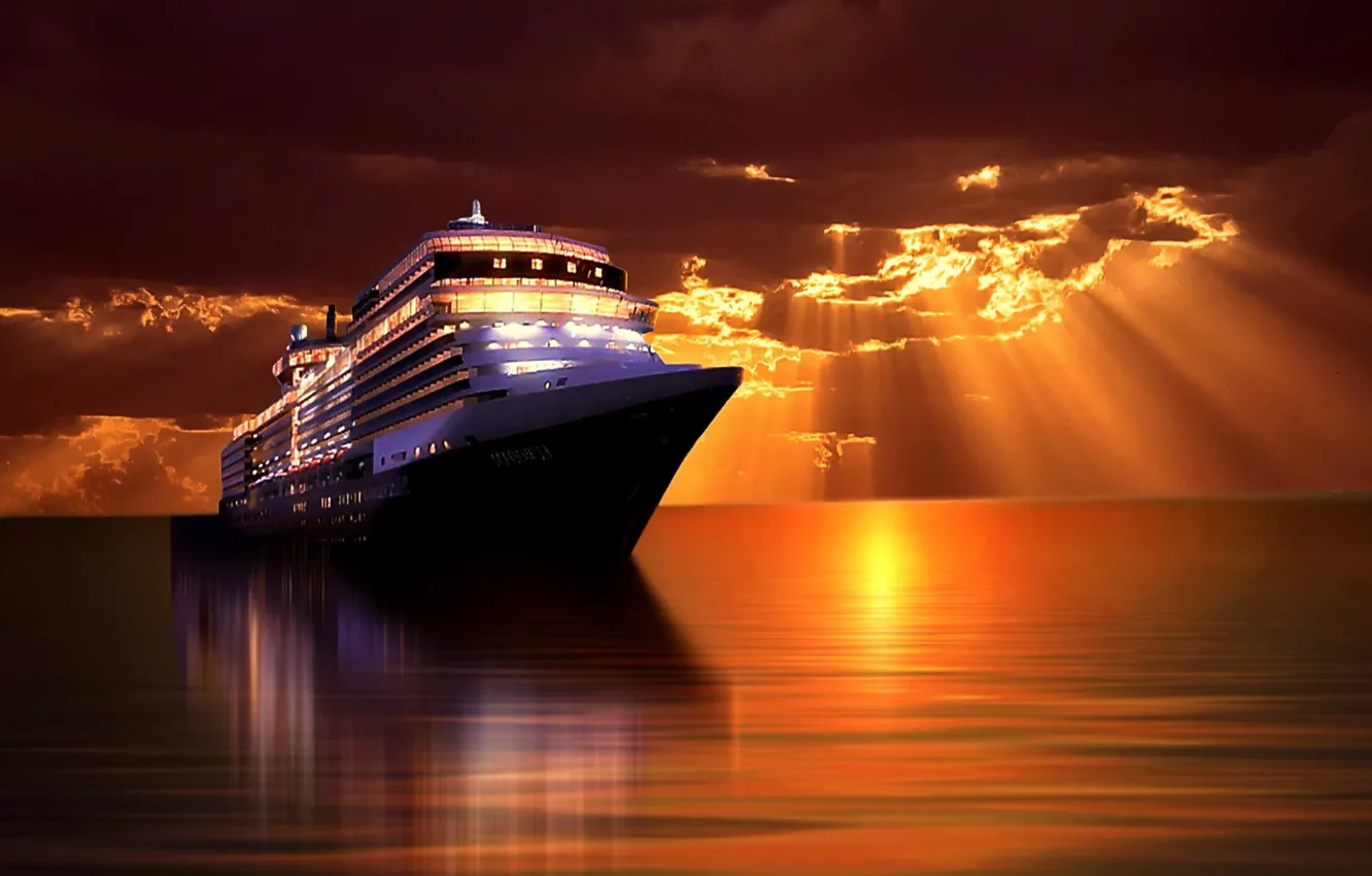 Photo wallpaper sea, clouds, rays, lights, ship, liner