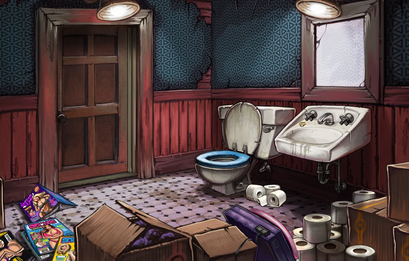 Photo wallpaper dirt, ring, bathroom, door, mirror, disorder, toilet, magazines