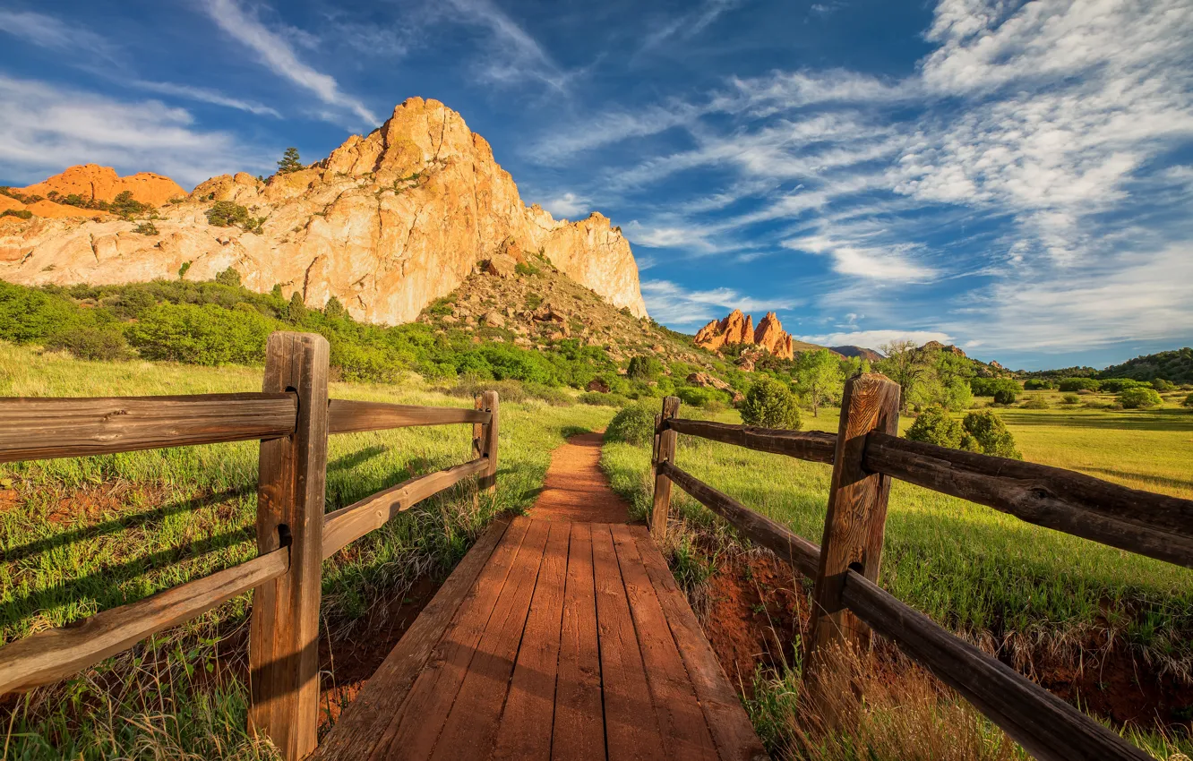 Photo wallpaper field, forest, summer, grass, clouds, mountains, bridge, blue