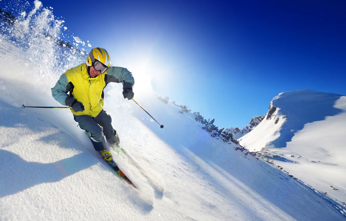 Photo wallpaper winter, the sun, snow, sport, ski