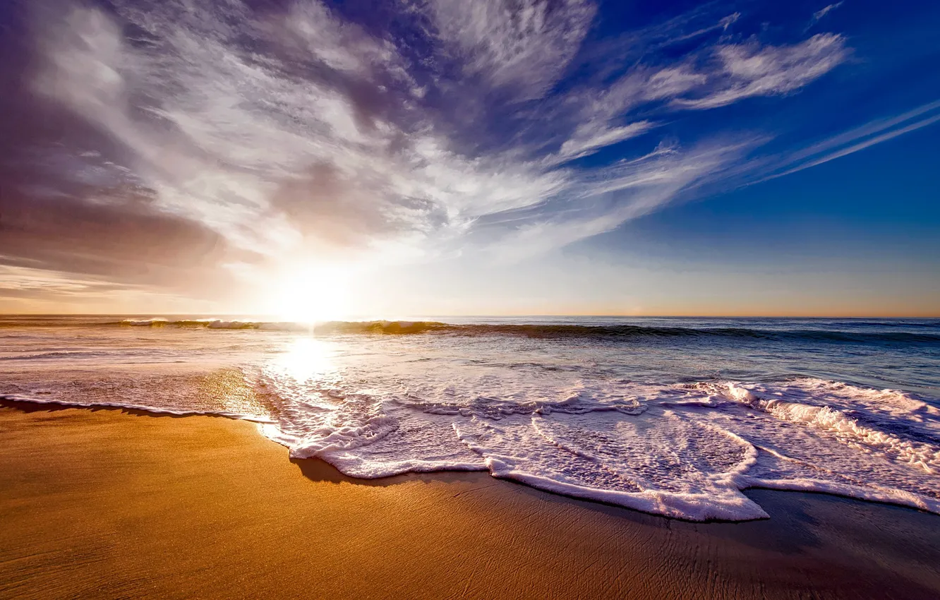 Photo wallpaper sea, the sky, the sun, dawn, coast, horizon, CA, surf