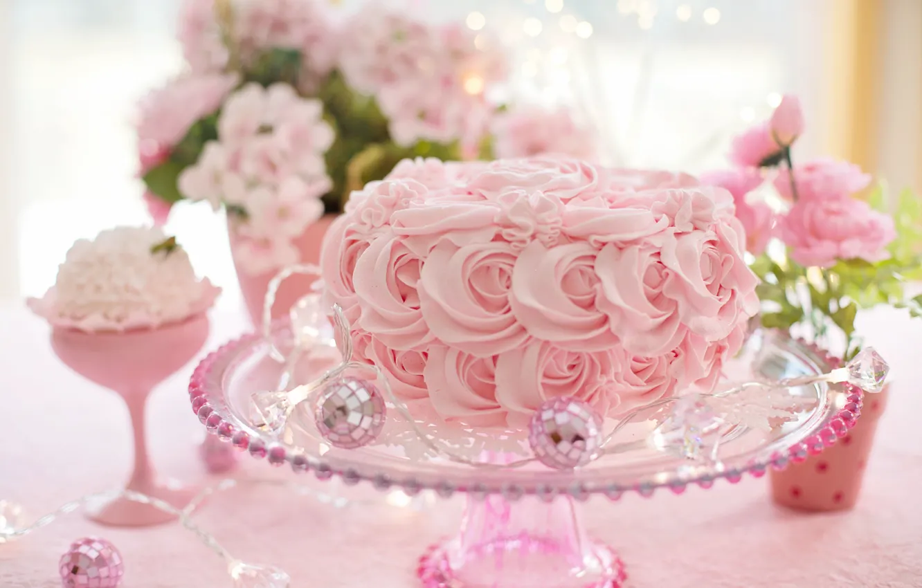 Photo wallpaper flowers, balls, cake, pink, garland, cake, cream, pink