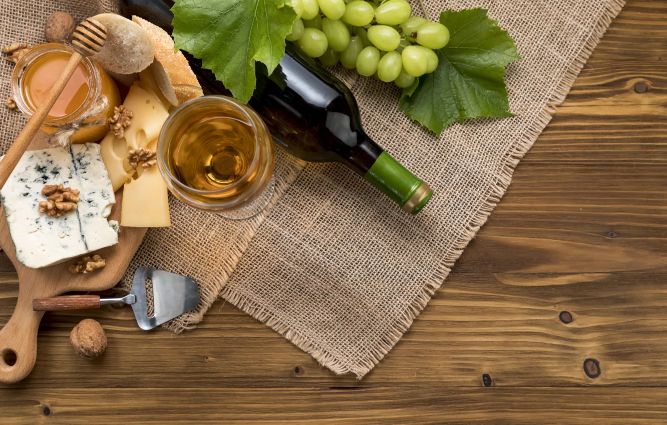 Photo wallpaper leaves, green, wine, Board, glass, bottle, cheese, honey