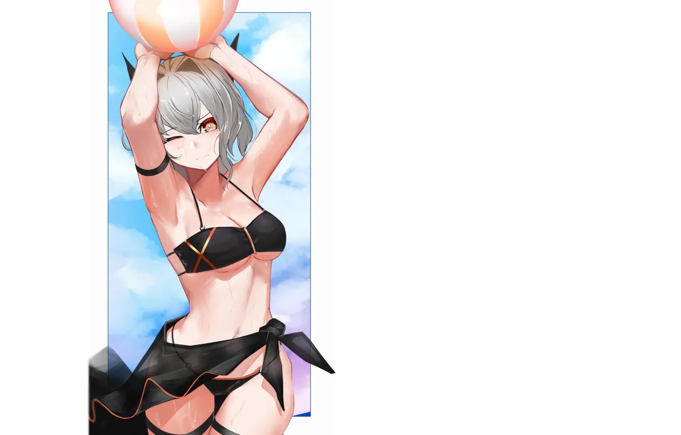 Photo wallpaper girl, hot, wet, beach, horns, ocean, boobs, anime