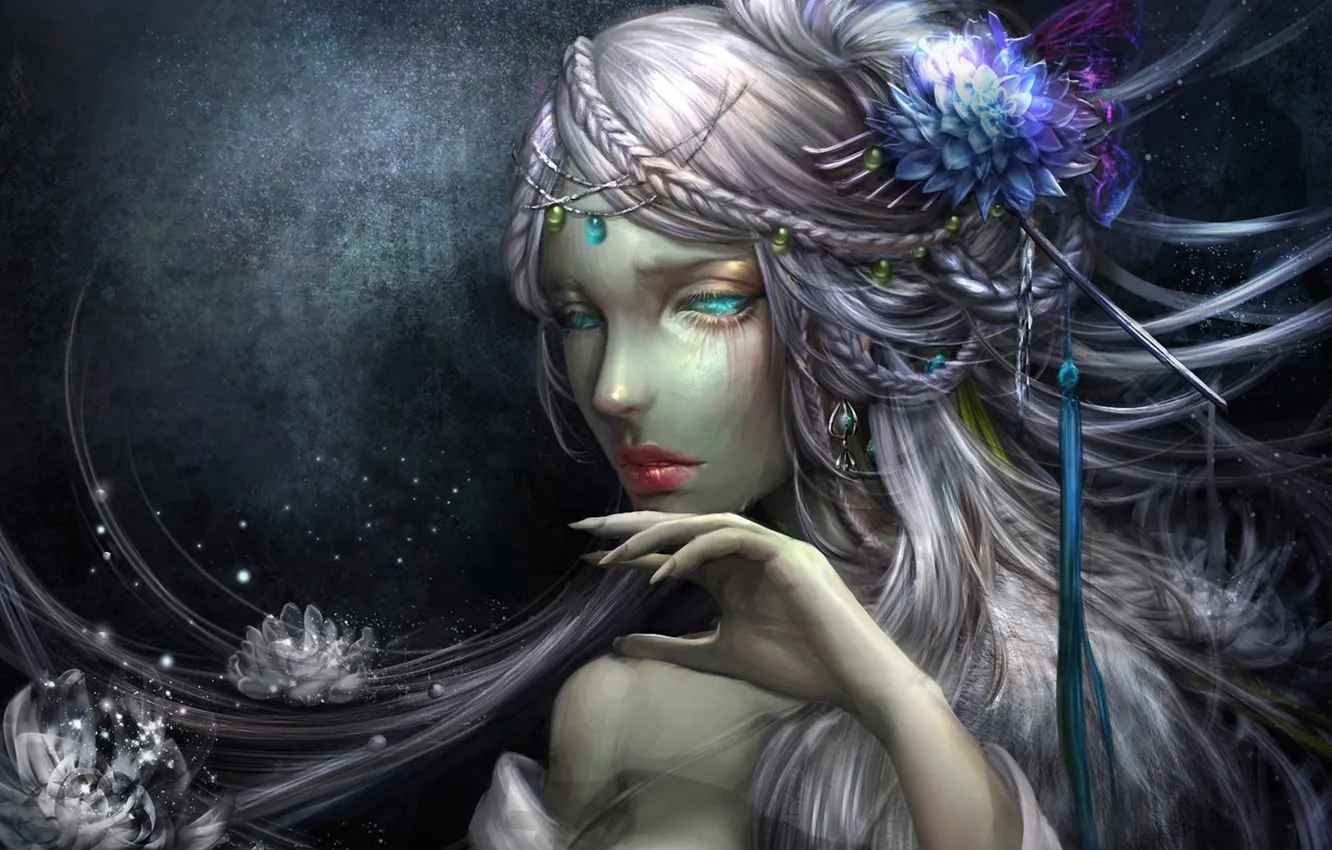 Photo wallpaper eyes, girl, flowers, hands, art, hairstyle, Sangrde