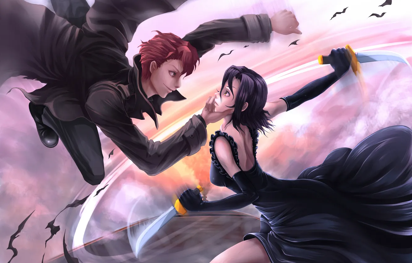 Photo wallpaper girl, weapons, battle, guy, knives, Baccano!