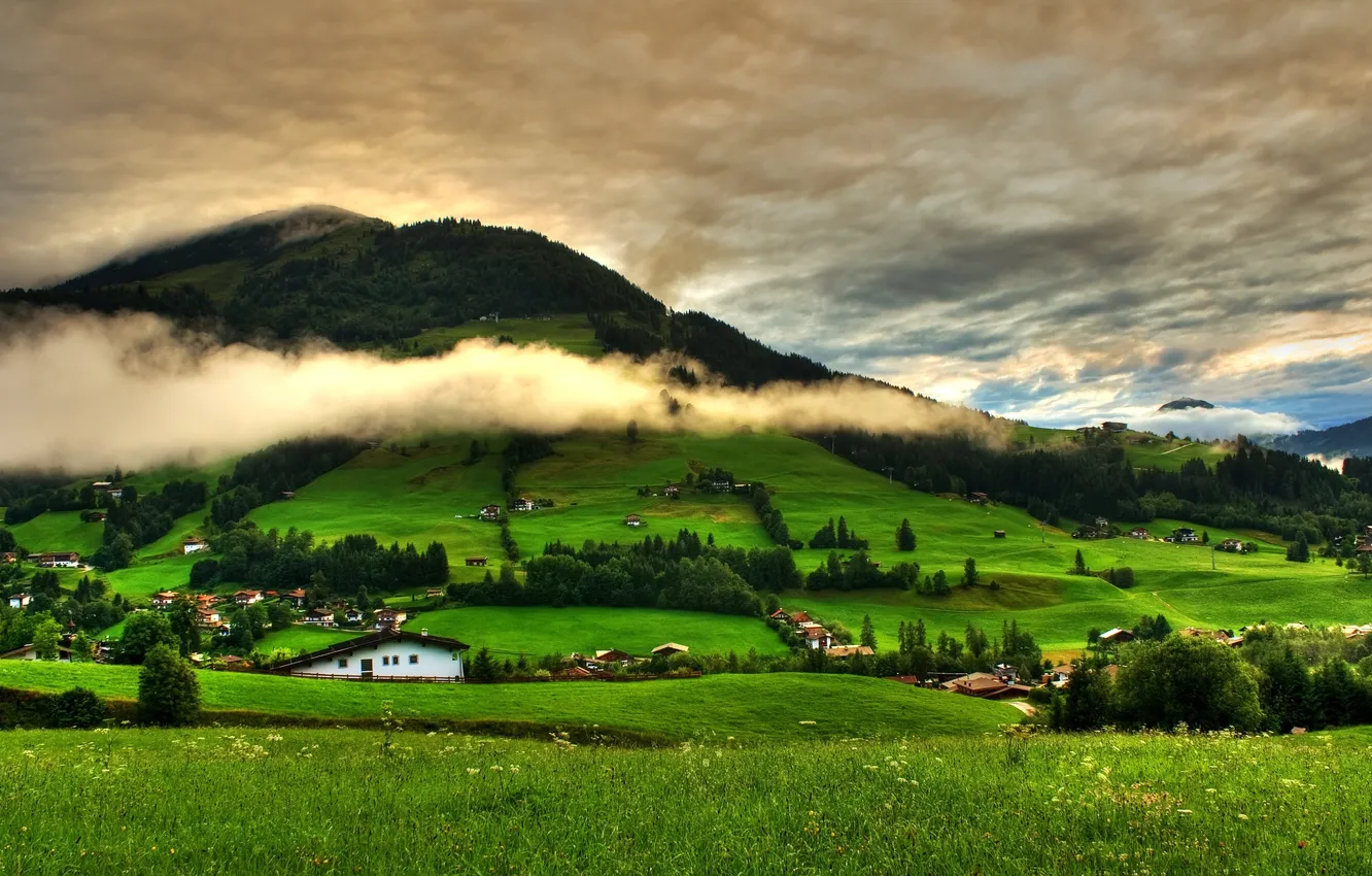 Photo wallpaper greens, the sky, grass, clouds, trees, landscape, mountains, hills