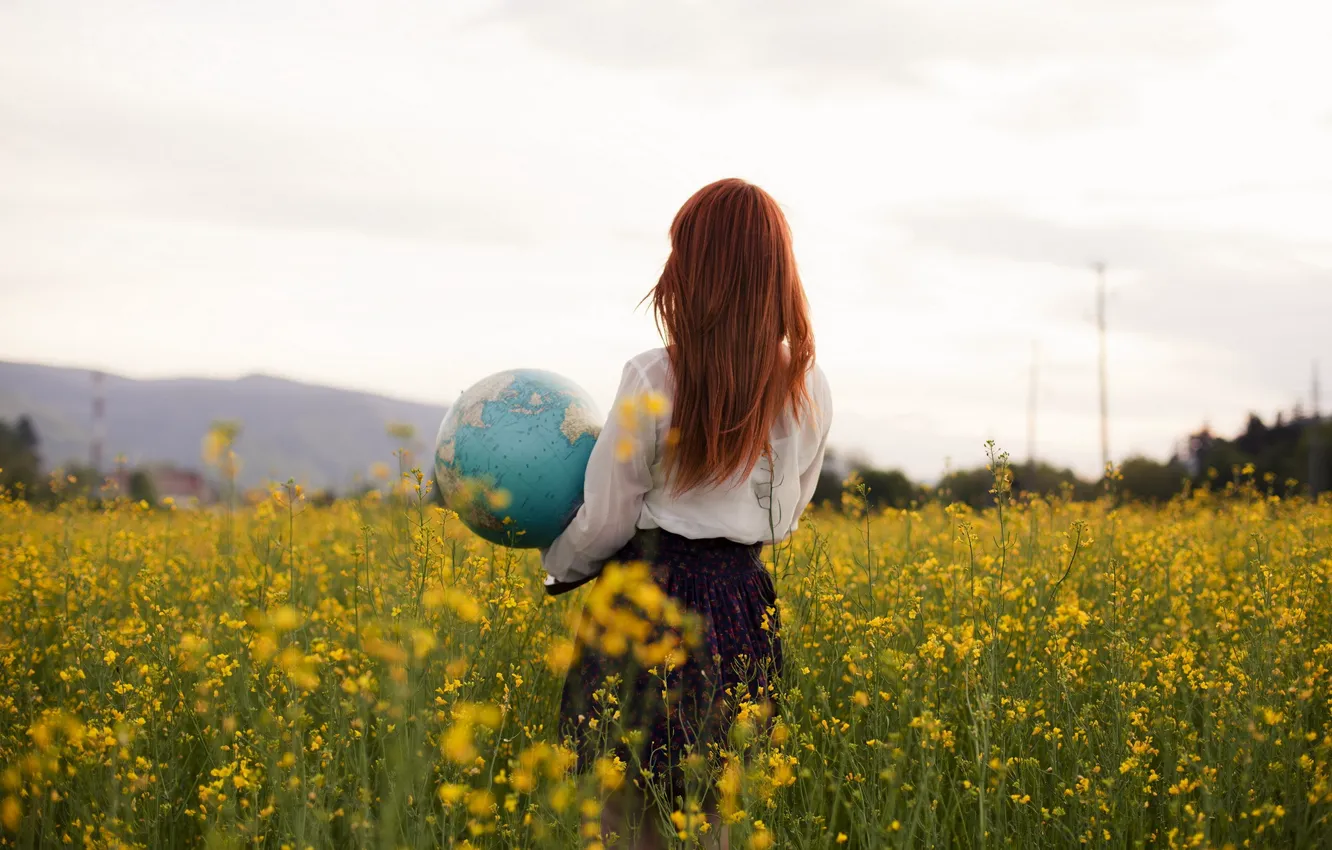 Photo wallpaper field, girl, globe, rape