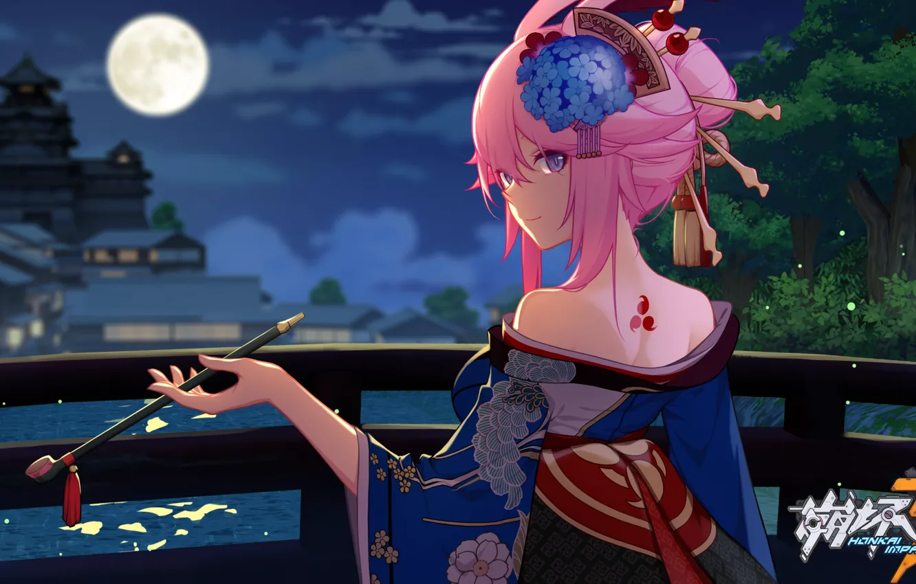 Photo wallpaper look, night, anime, kimono, cutie, beautiful girl, pink hair, Anime girl