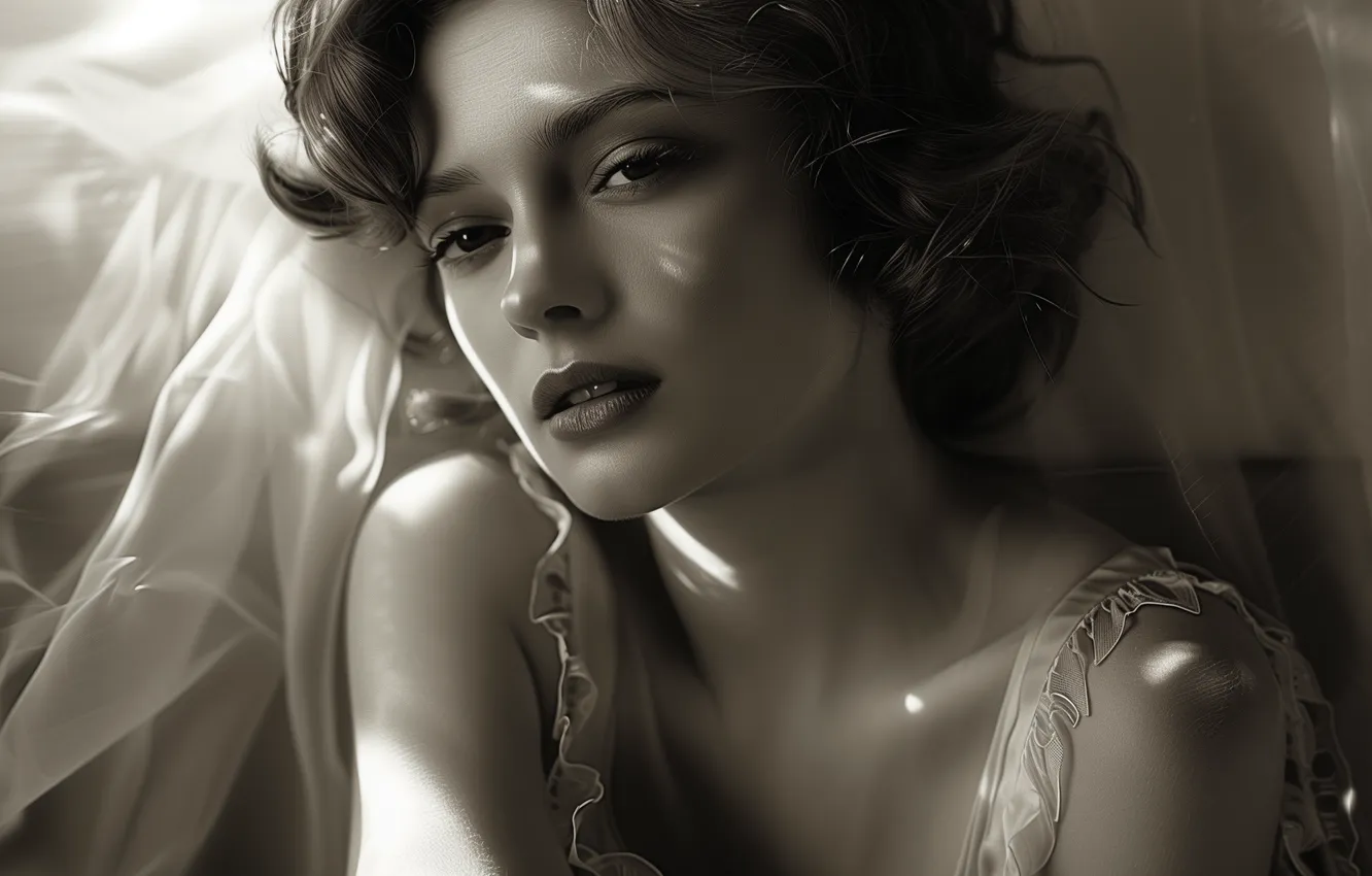 Photo wallpaper look, girl, style, retro, portrait, Sepia, monochrome, AI art