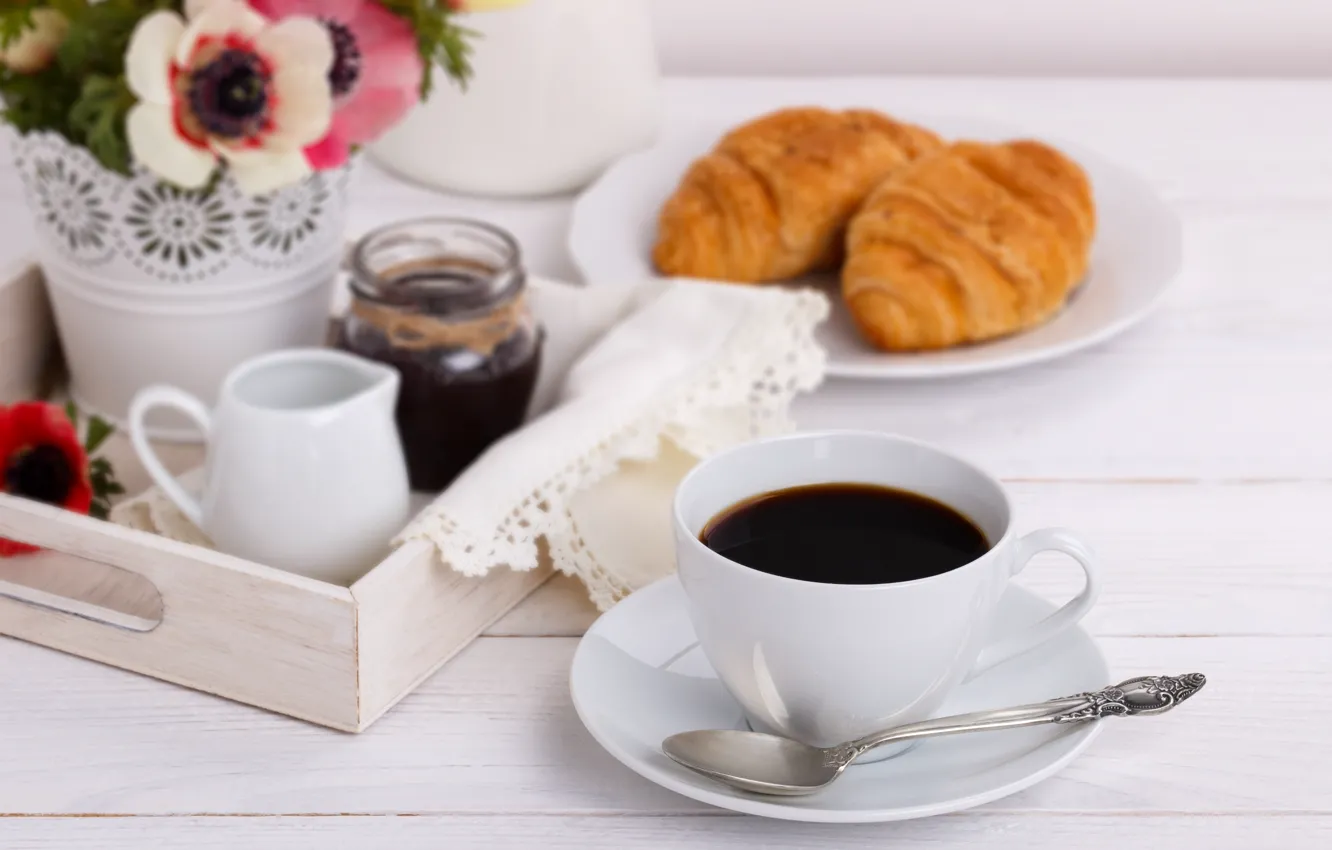 Photo wallpaper coffee, Breakfast, milk, tray, croissant