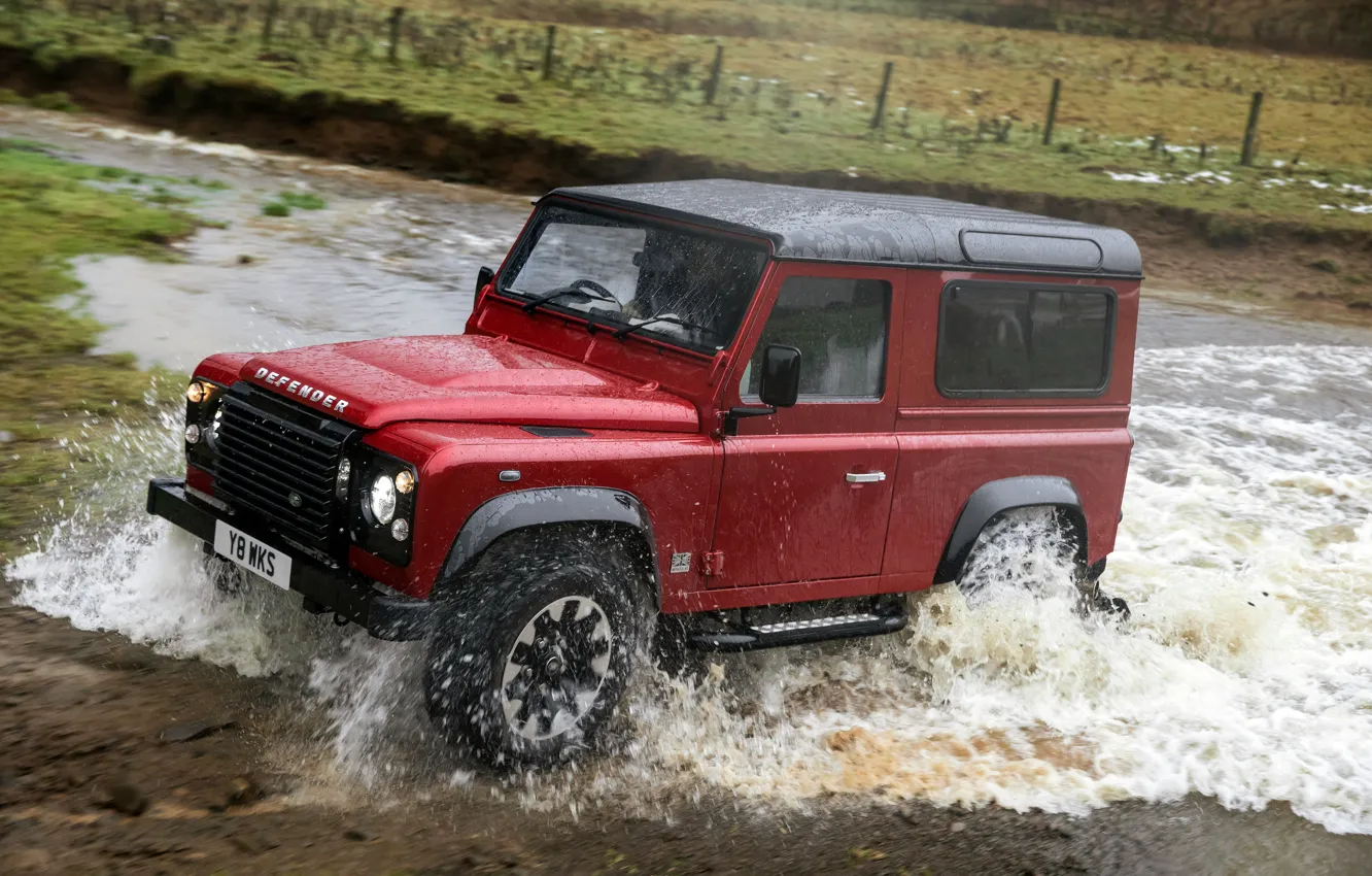 Photo wallpaper water, squirt, red, movement, SUV, Land Rover, 2018, Defender