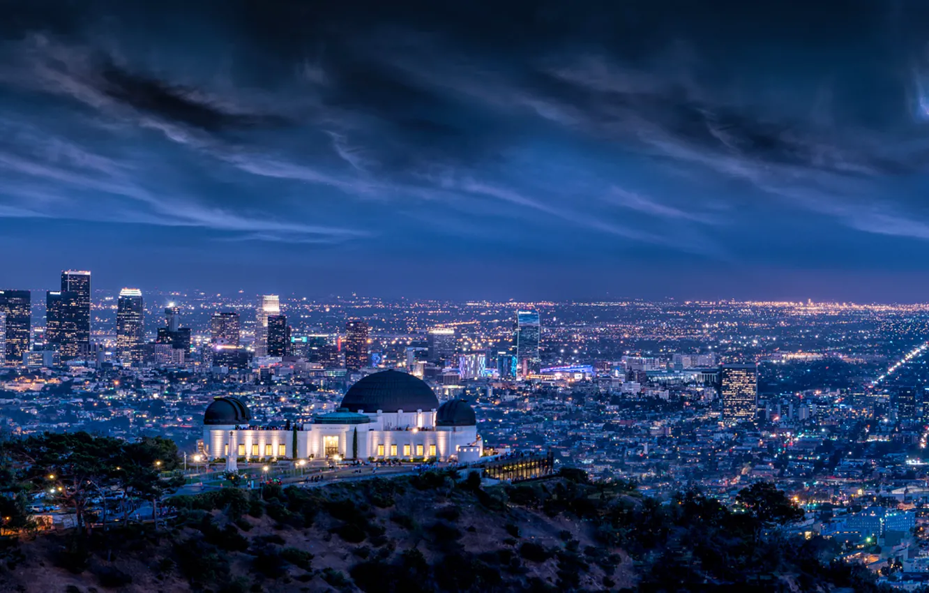 Photo wallpaper Clouds, Sky, Lightning, Lights, Night, Los Angeles, L.A., Griffith Observatory