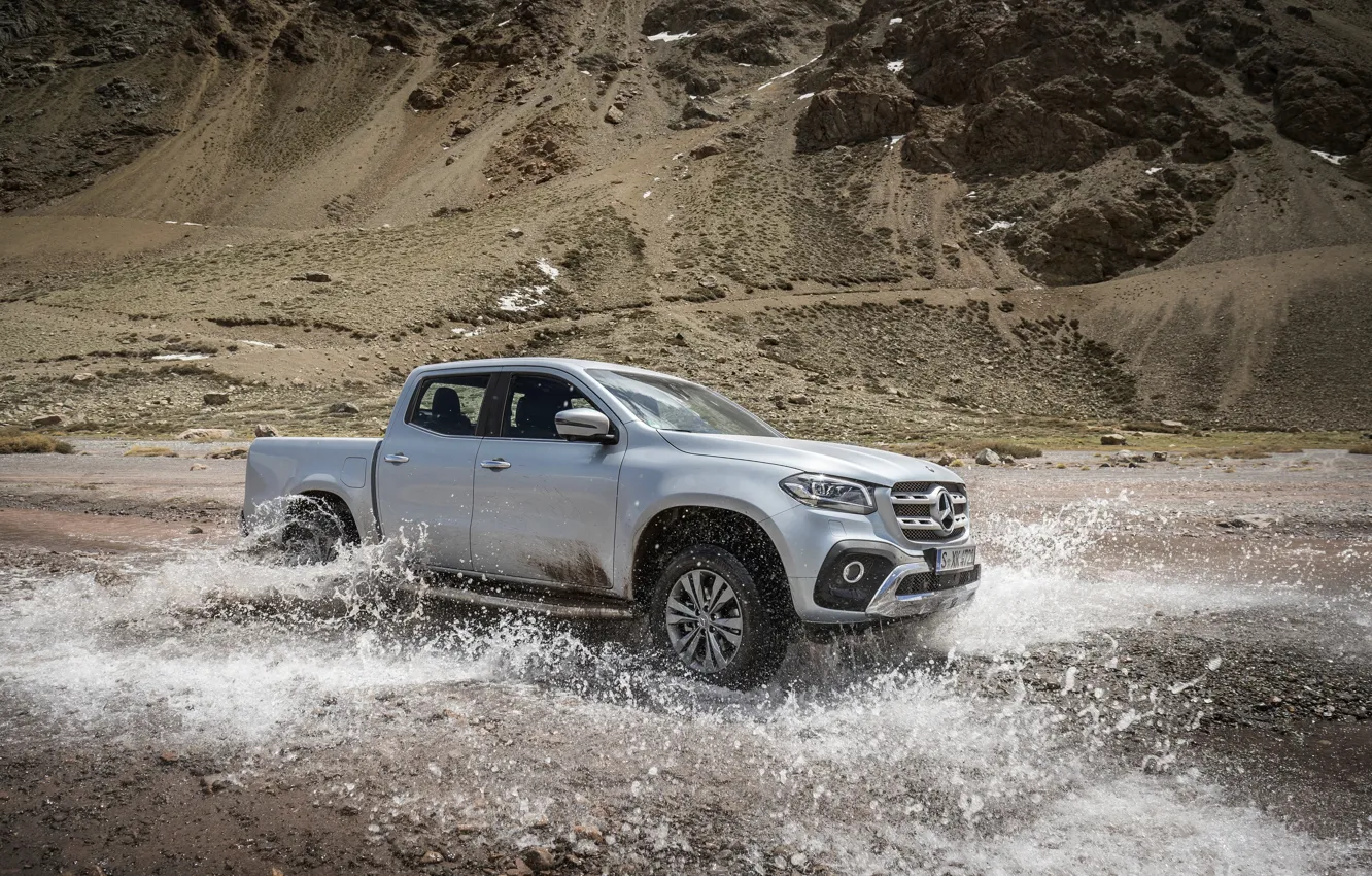 Photo wallpaper mountains, squirt, grey, earth, Mercedes-Benz, silver, pickup, pond