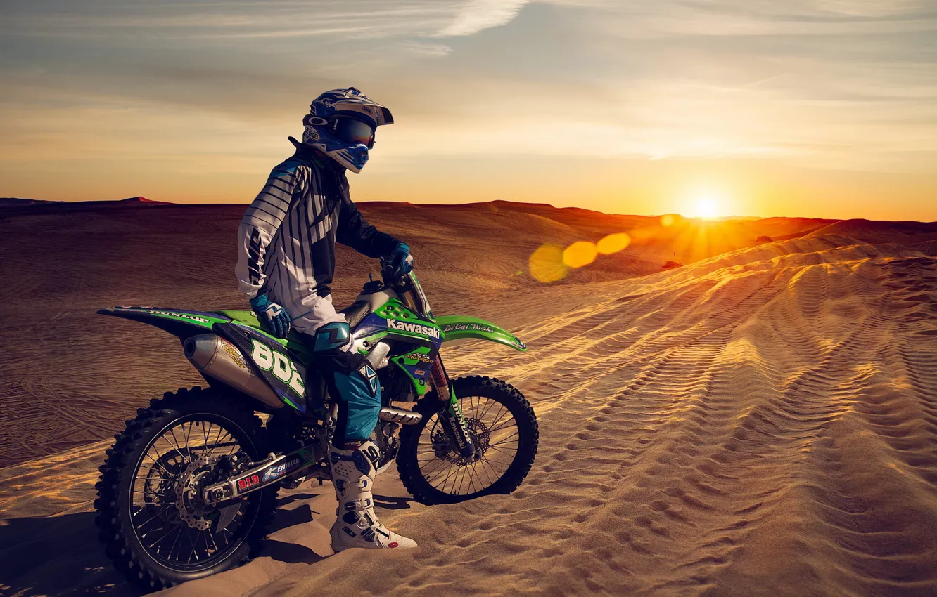 Photo wallpaper sunset, motorcycle, sand, dunes