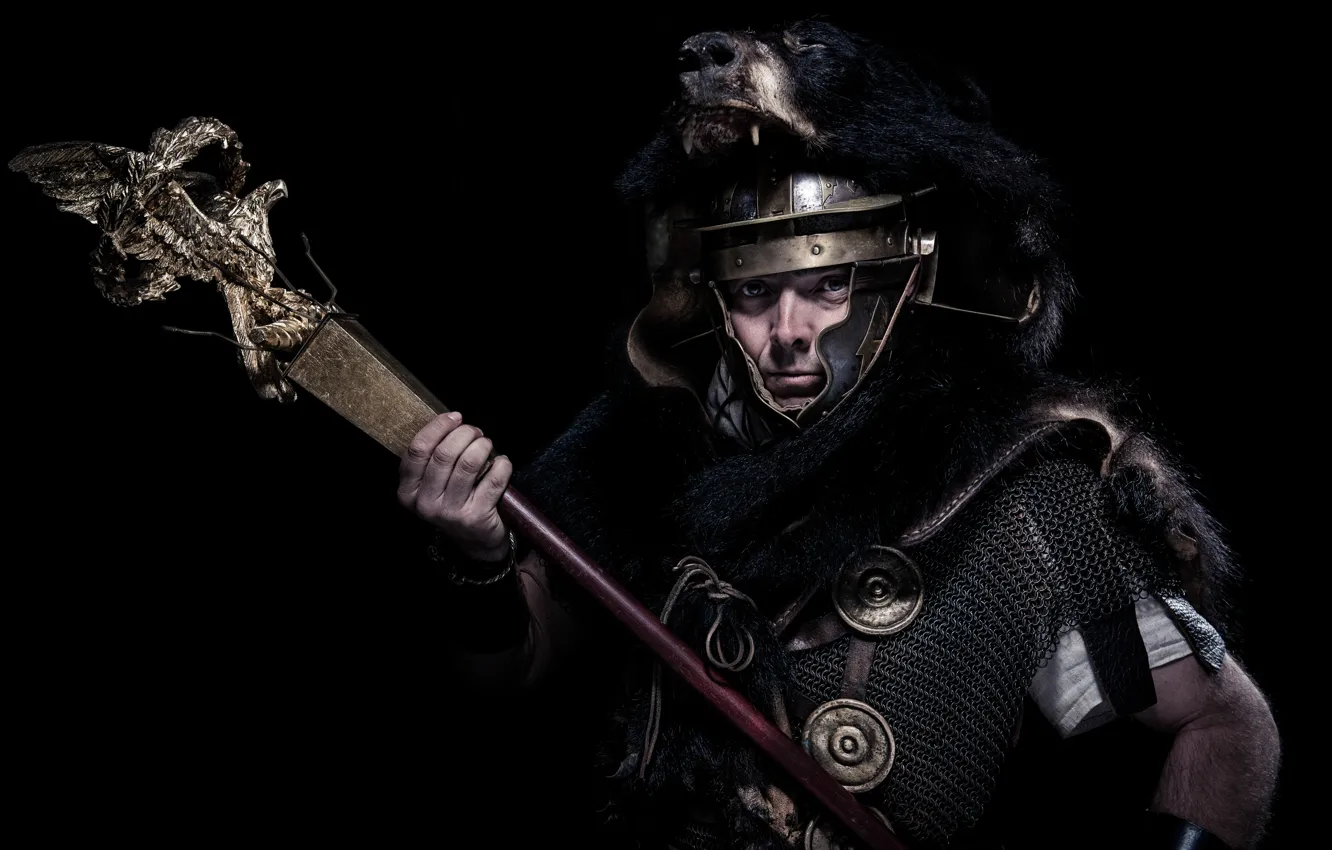 Photo wallpaper background, armor, warrior, Rome, helmet, fur, male, mail