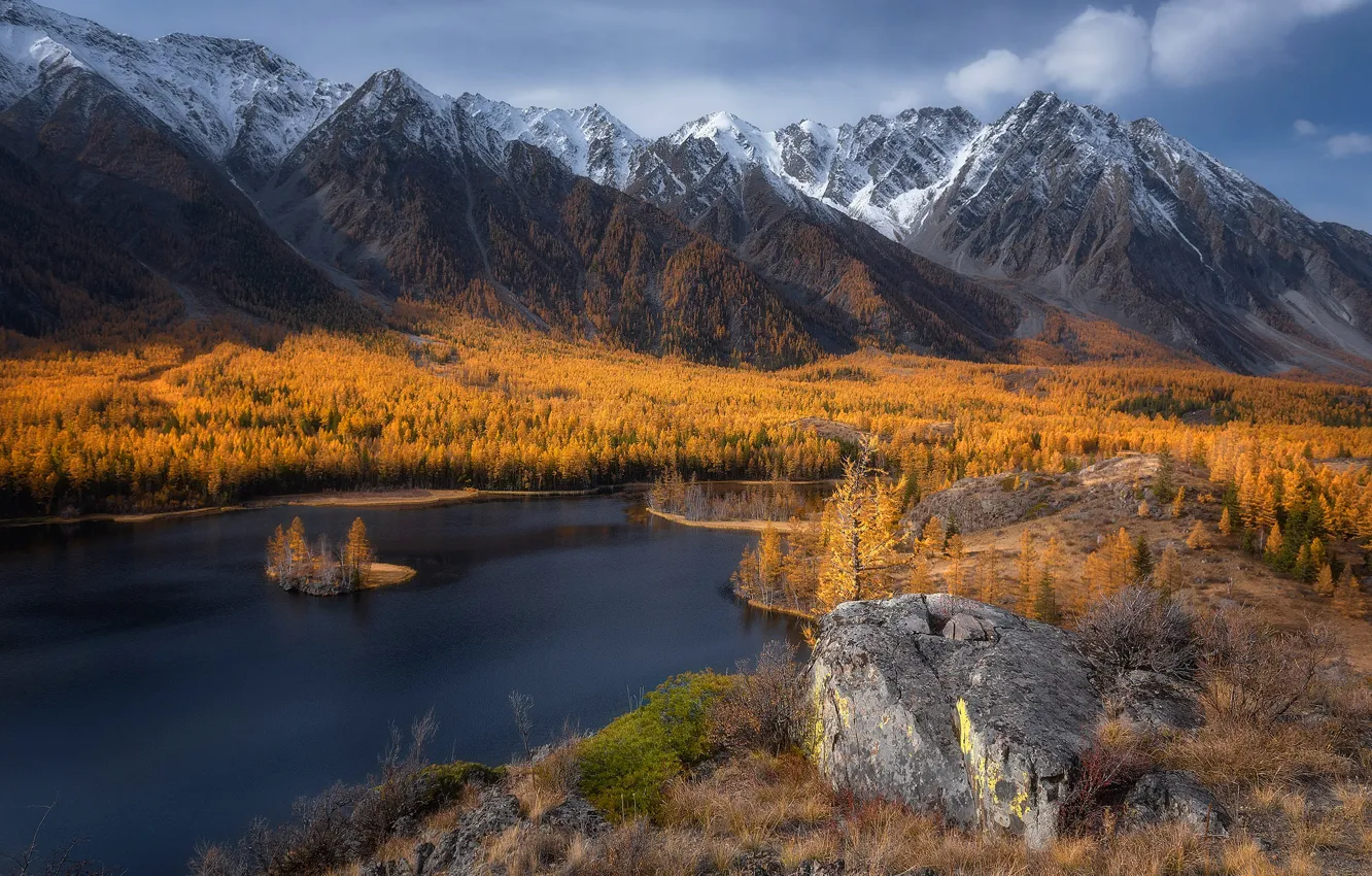 Photo wallpaper autumn, forest, the sky, clouds, trees, mountains, lake, stones