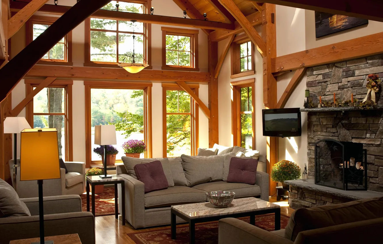 Photo wallpaper interior, fireplace, living room, rustic style