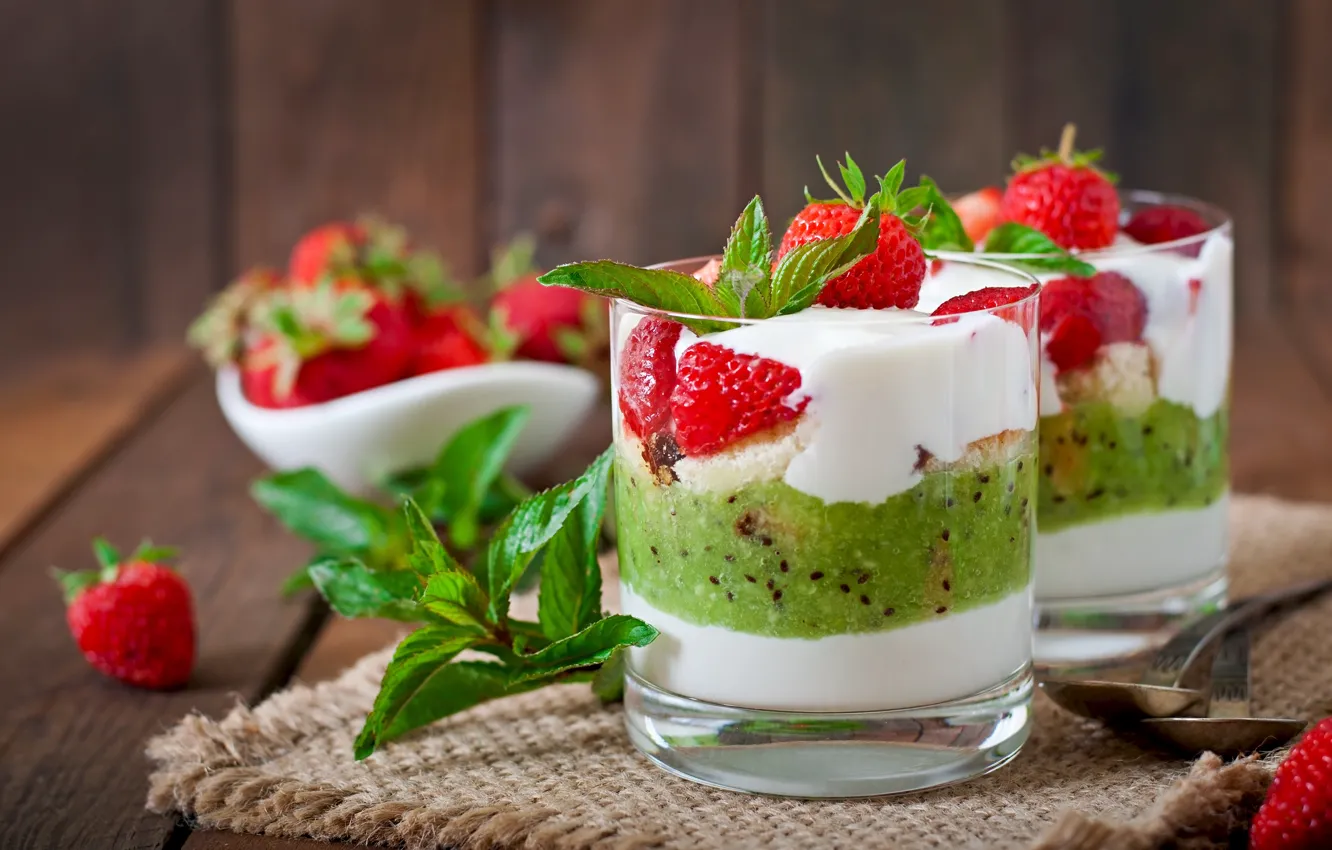 Photo wallpaper berries, kiwi, strawberry, ice cream, cream, dessert, sweet, strawberry