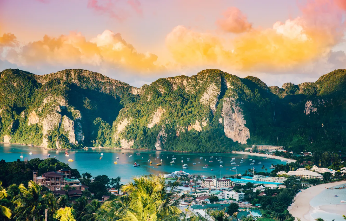 Photo wallpaper sea, mountains, yachts, Thailand, Phi