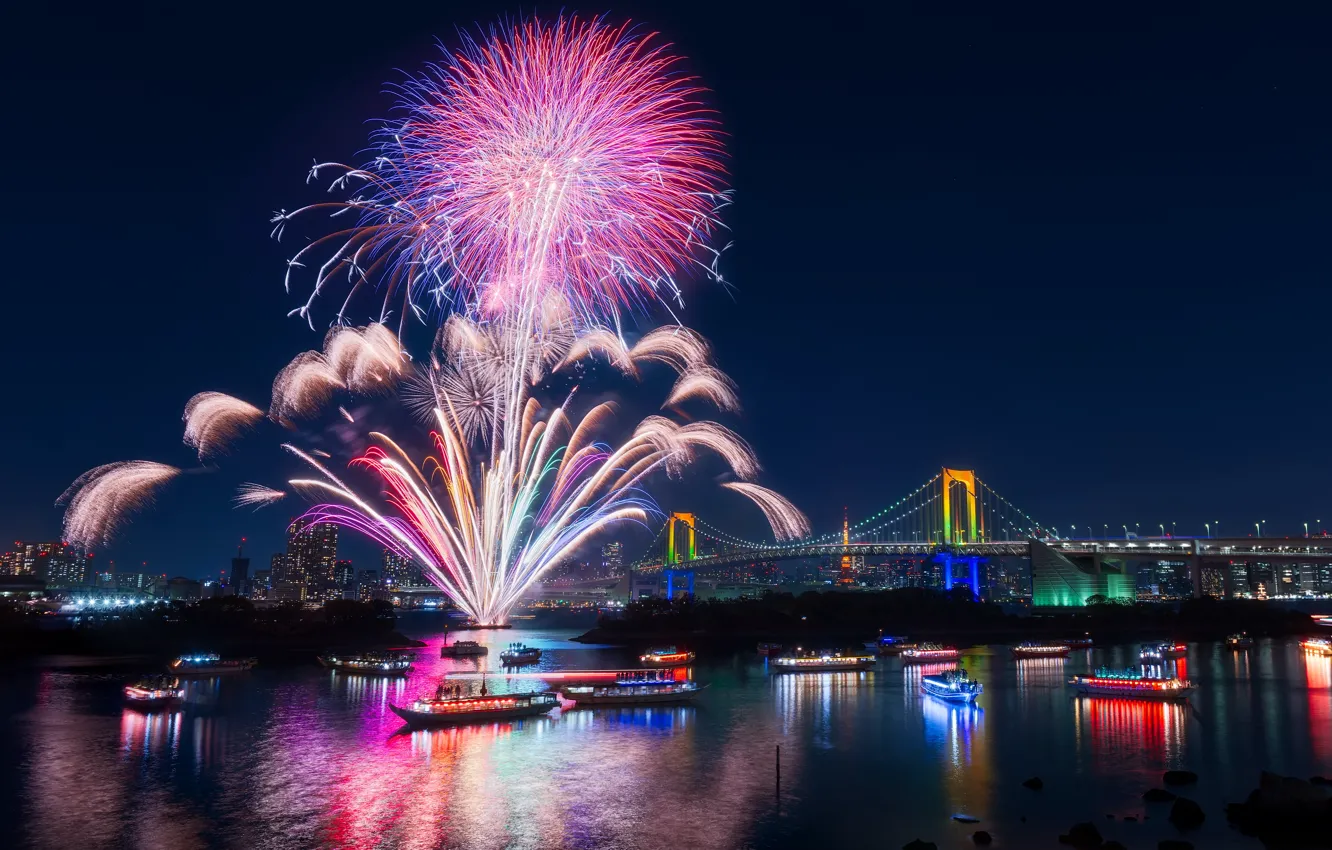 Photo wallpaper night, the city, holiday, salute, Japan, Bay, Tokyo, fireworks
