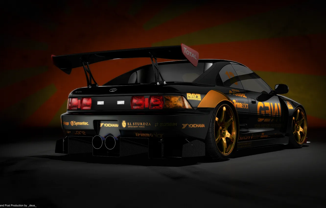 Photo wallpaper black, render, Japanese flag, Toyota mr2