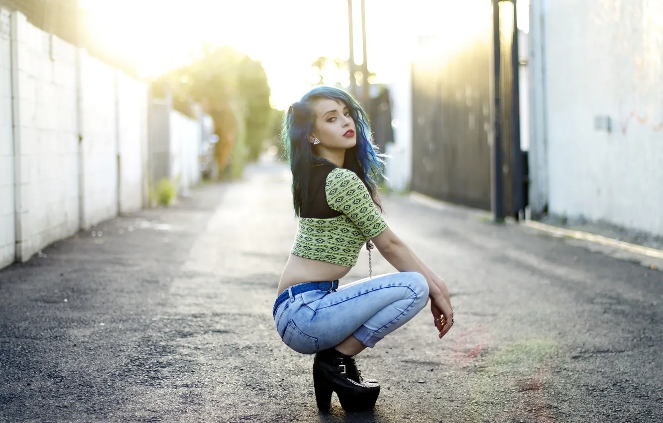 Photo wallpaper girl, fashion, dress, blue, model, street, beauty, color