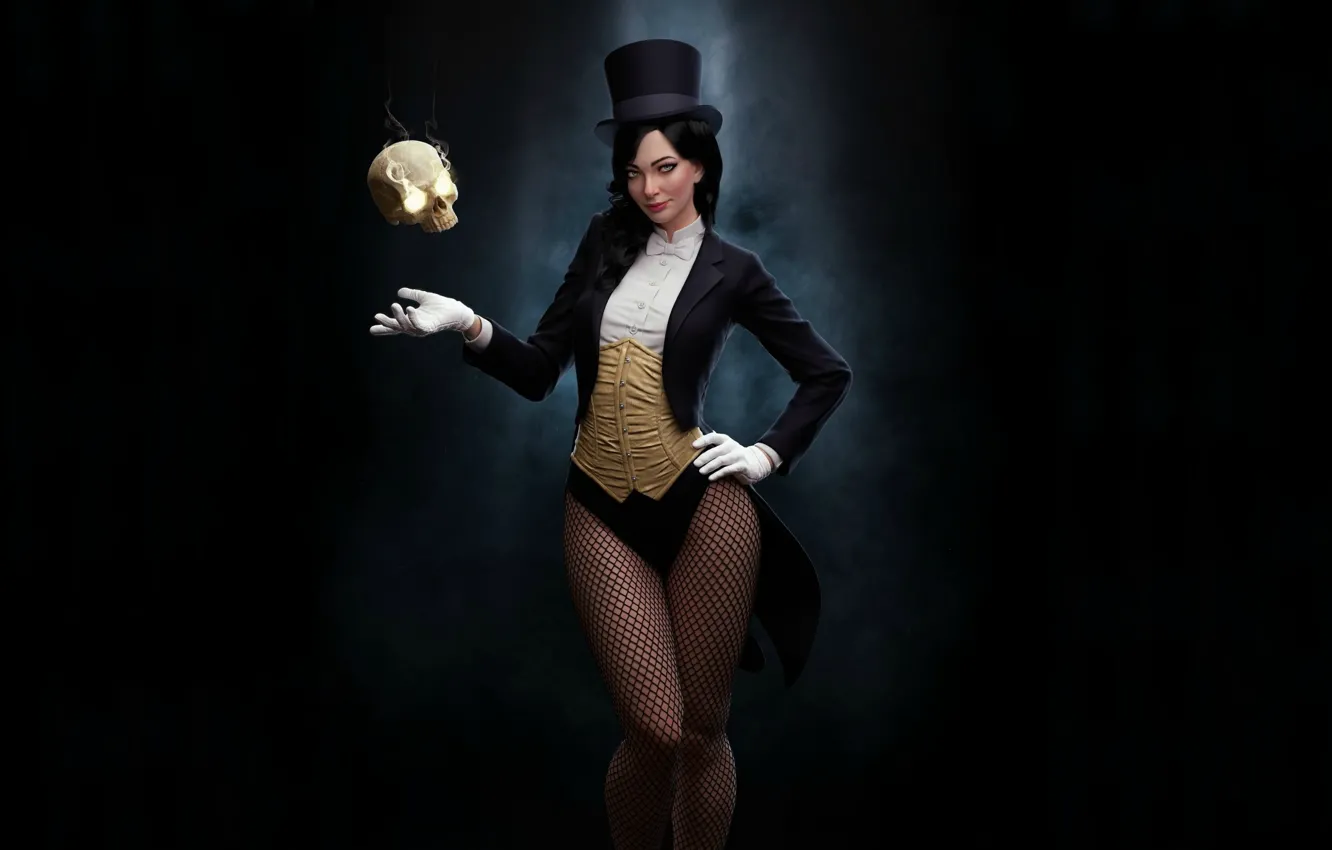 Photo wallpaper look, girl, pose, skull, costume, black background, sorceress, cylinder