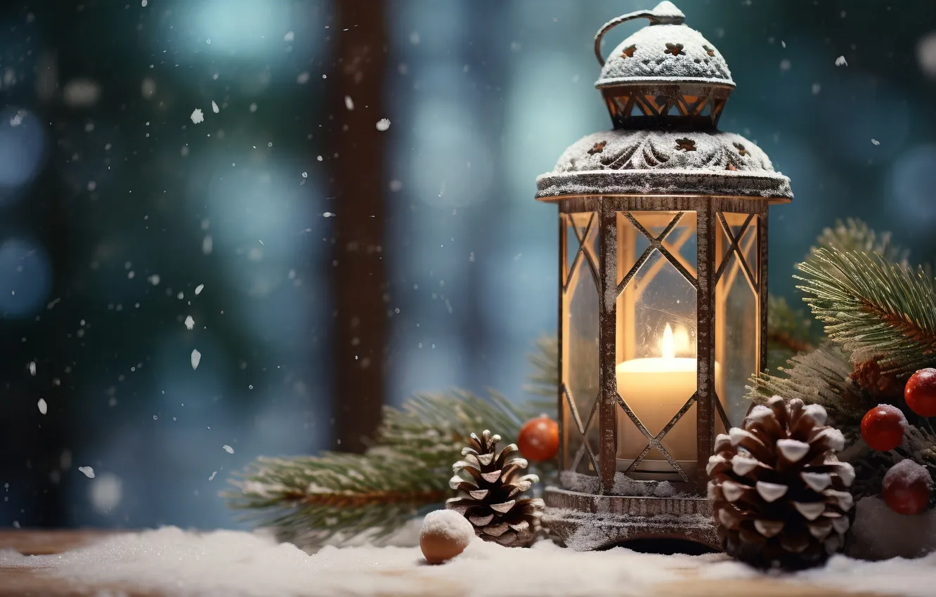 Photo wallpaper winter, snow, night, new year, Christmas, lights, Christmas, night