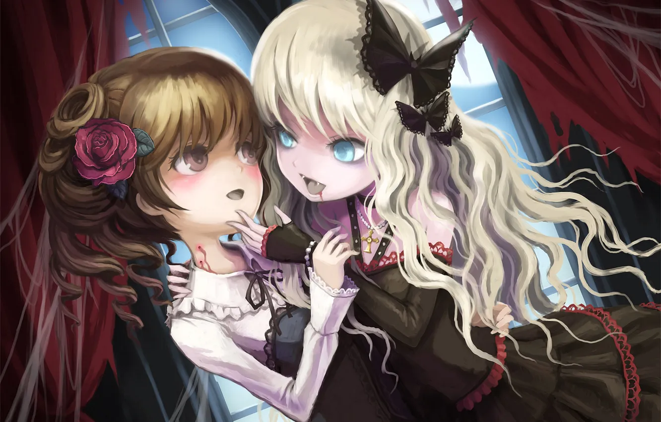 Photo wallpaper look, girl, the victim, two, roses, anime, bite, vampire