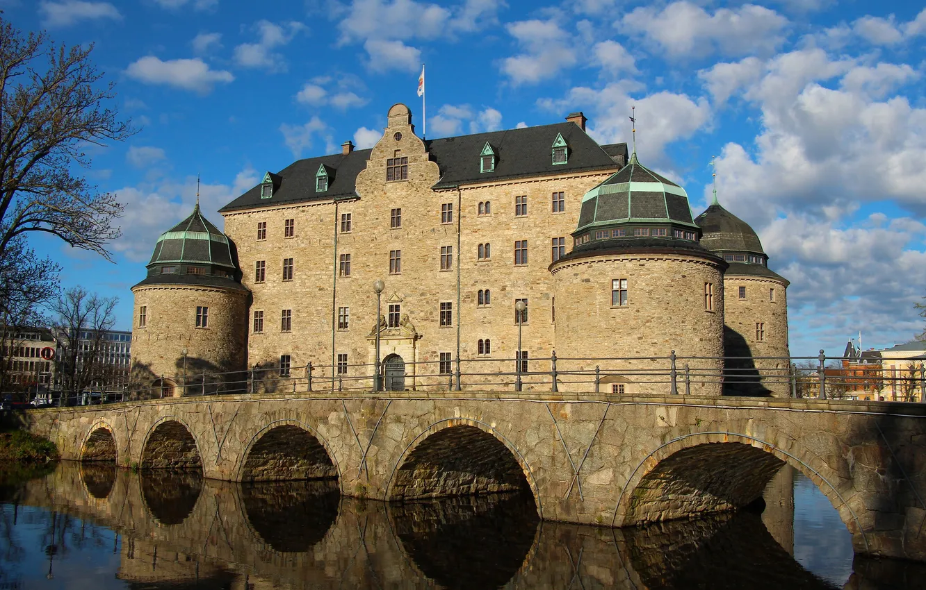 Photo wallpaper the sky, clouds, landscape, bridge, castle, Sweden, Örebro