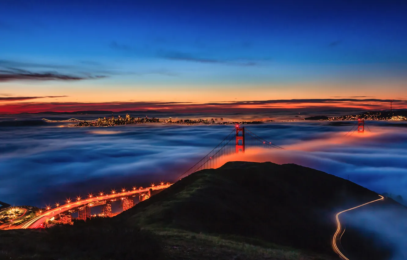 Photo wallpaper the sky, bridge, fog, Bay