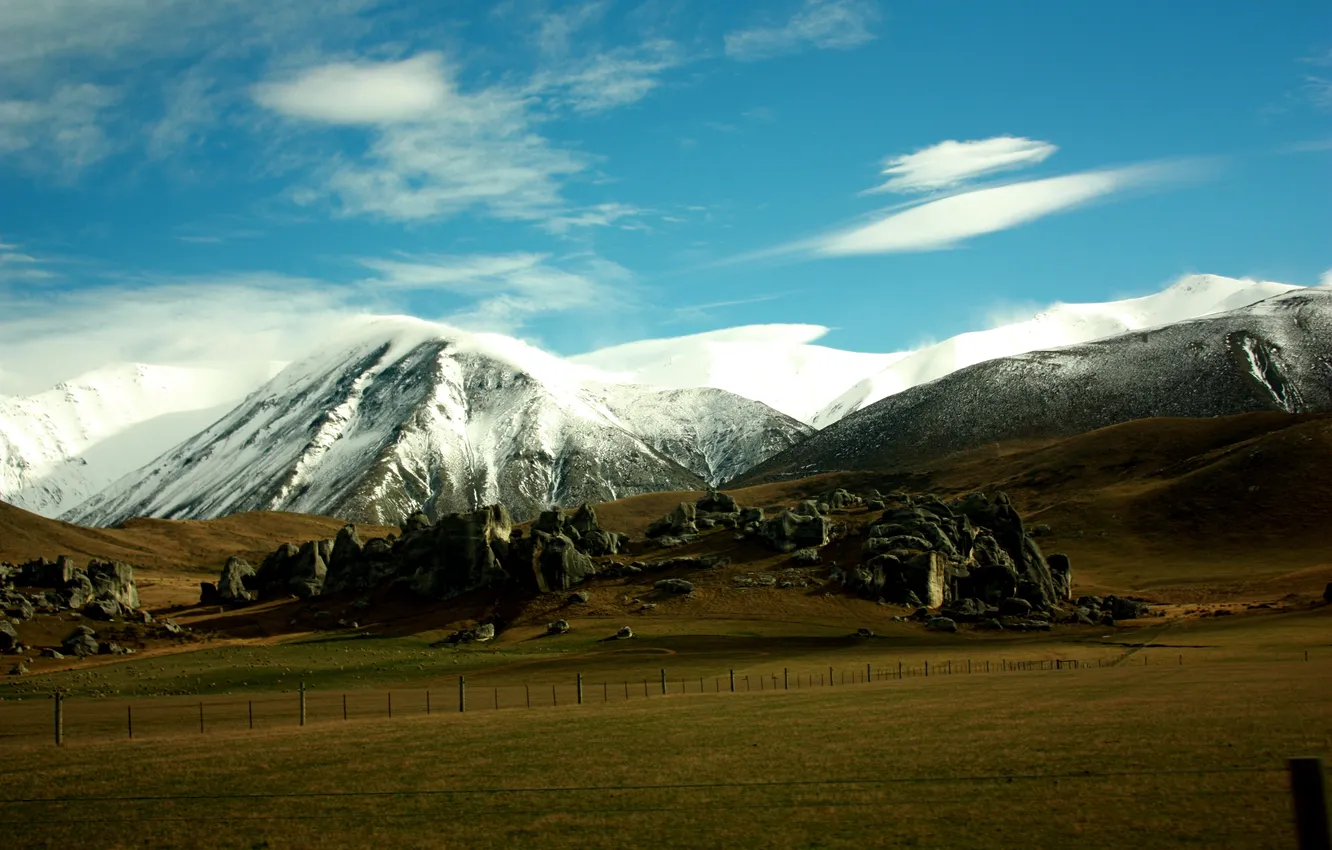 Photo wallpaper field, the sky, mountains, rocks, space, landscape