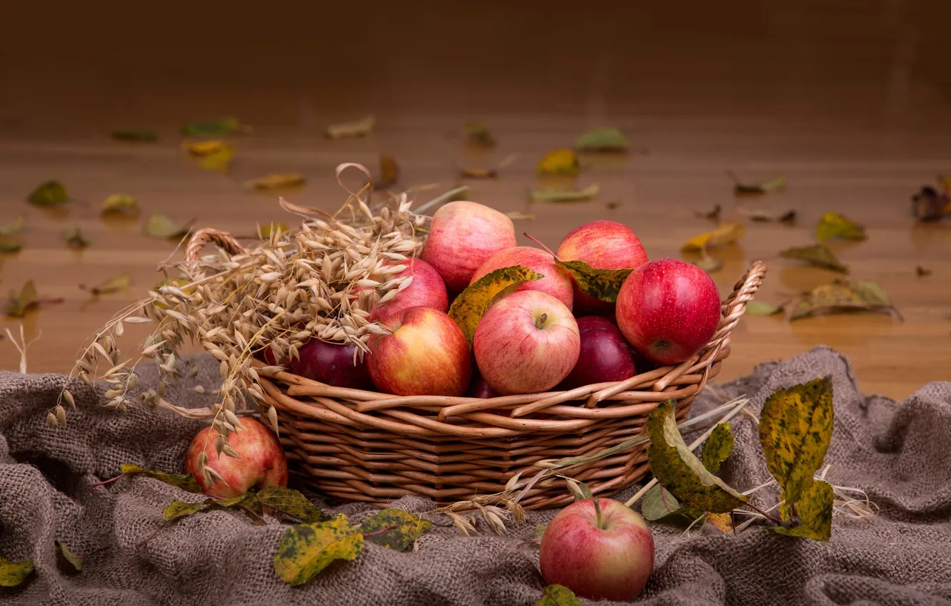 Photo wallpaper autumn, leaves, basket, apples, ears, fruit