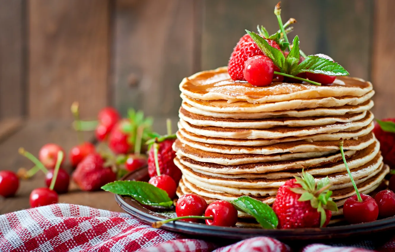 Photo wallpaper cherry, berries, Board, towel, strawberry, stack, pancakes, mint
