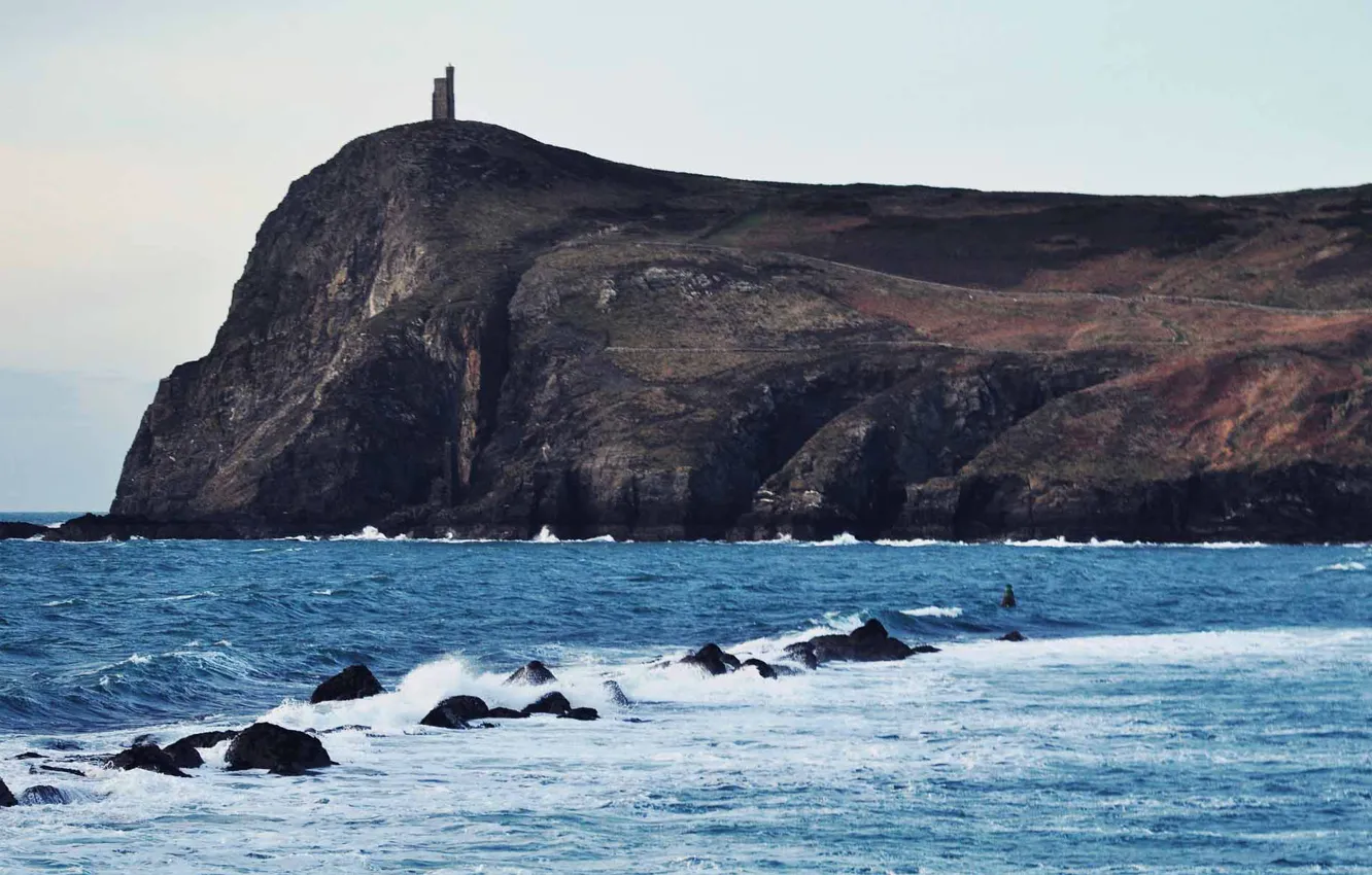 Photo wallpaper waves, tower, sea, mountains, rocks, castle, wind, cliff