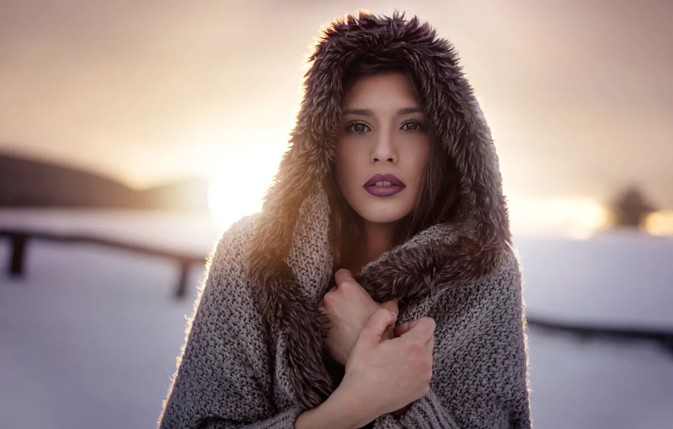 Photo wallpaper cold, winter, girl, snow, makeup, brunette, hood, fur