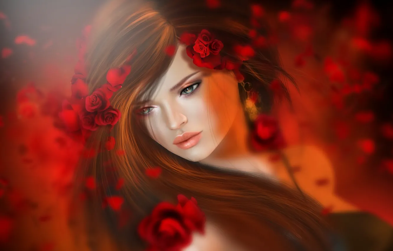 Photo wallpaper girl, flowers, red, hair, roses, brunette