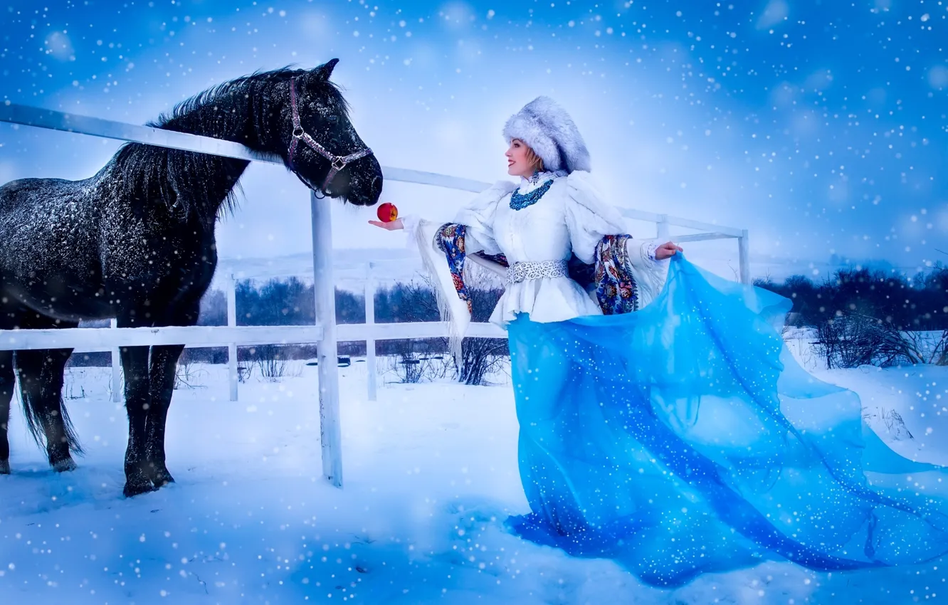 Photo wallpaper girl, snow, hat, horse, Apple, dress, shawl