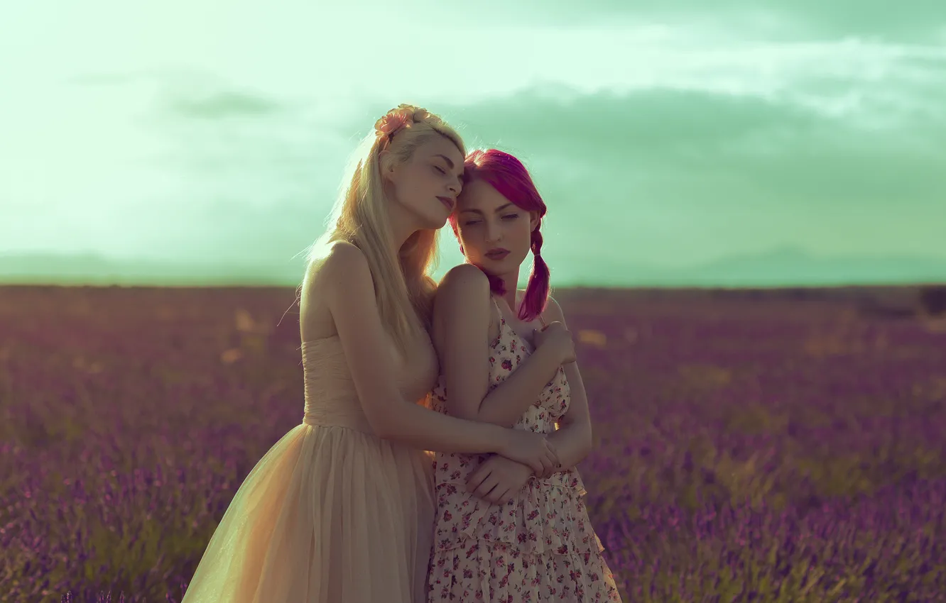 Photo wallpaper field, summer, girl, dress, pair