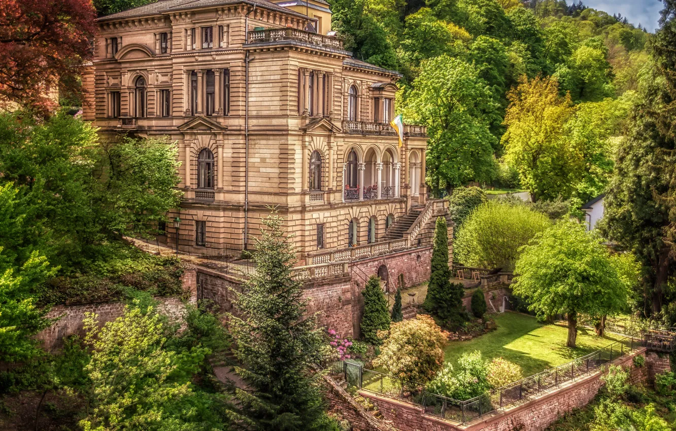 Photo wallpaper greens, the sun, trees, home, Germany, garden, terrace, Villa Lobstein