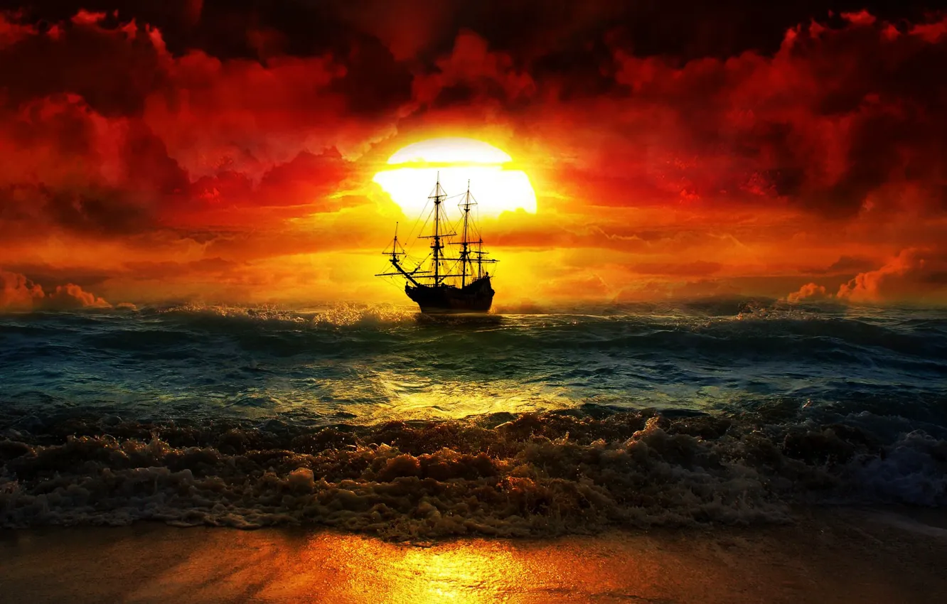 Photo wallpaper sea, sunset, ship, glow