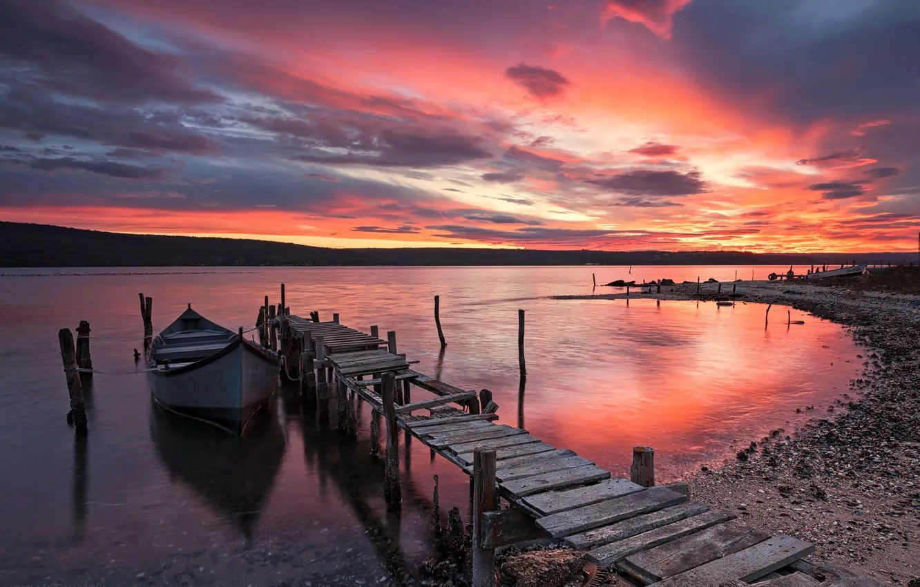 Photo wallpaper the sky, clouds, landscape, sunset, nature, lake, stones, shore