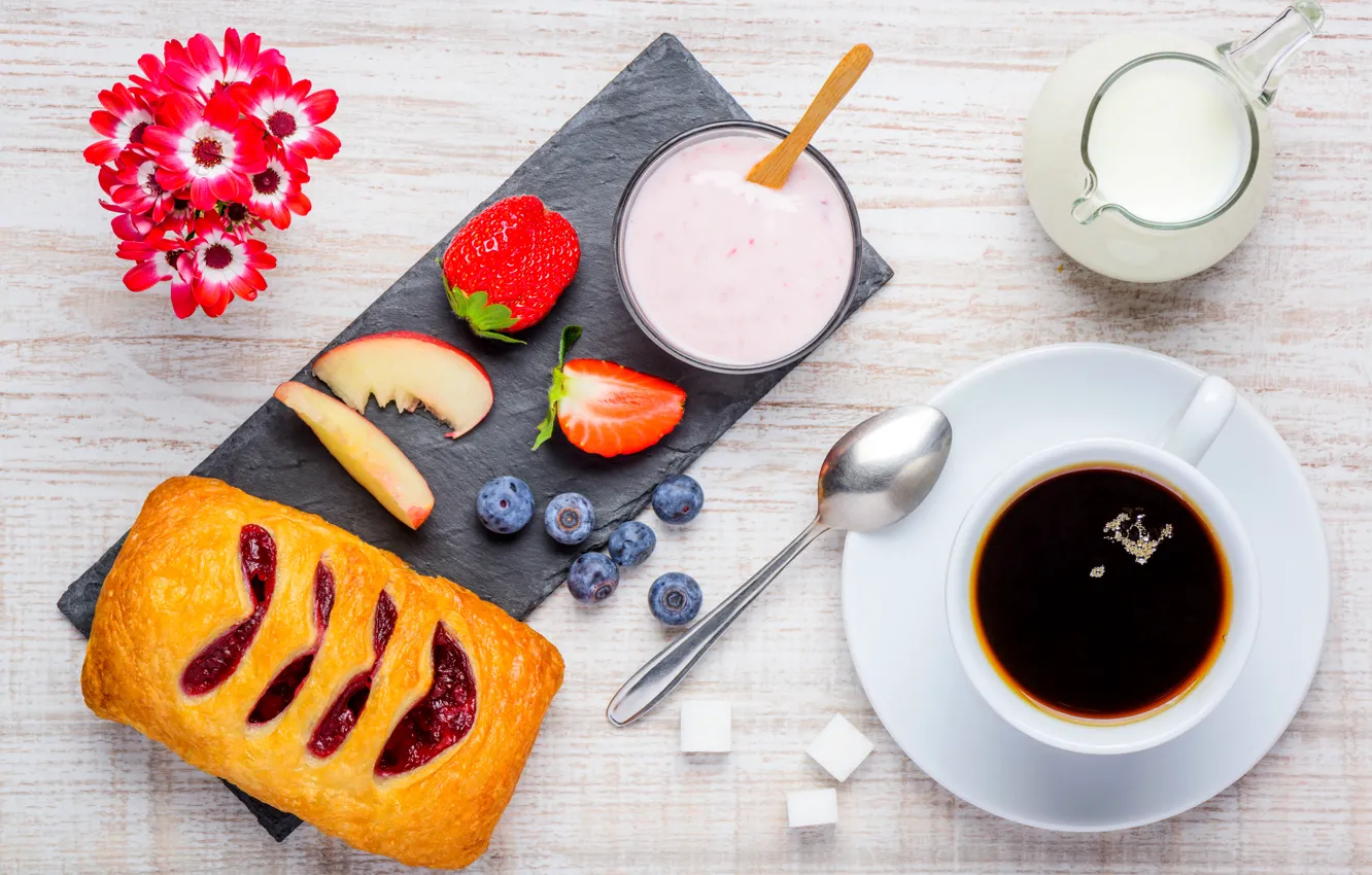 Photo wallpaper Coffee, Berries, Milk, Spoon, Cup, Food, Breakfast, Cakes