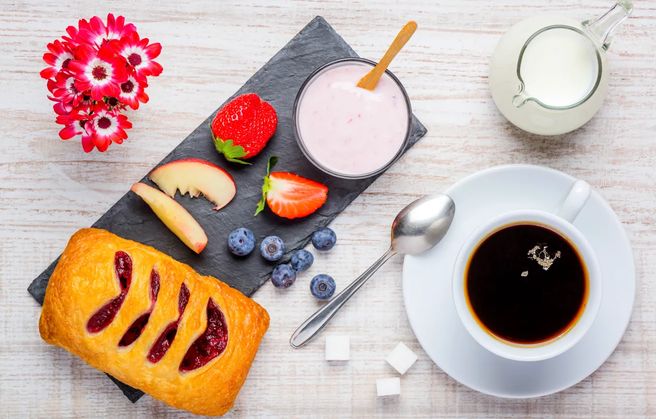 Photo wallpaper berries, coffee, food, Breakfast, milk, spoon, Cup, cakes