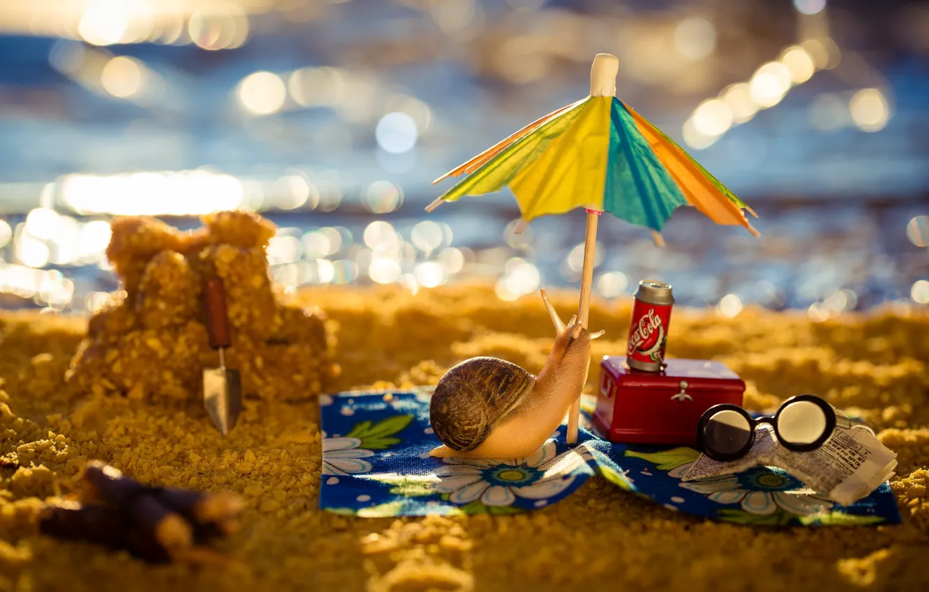 Photo wallpaper sand, sea, beach, water, macro, light, umbrella, stay