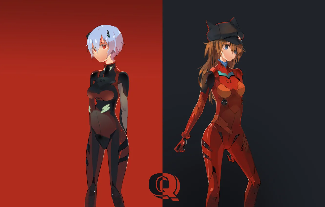 Photo wallpaper anime, two girls, Anime, characters, Evangelion, Neon Genesis, red and black background